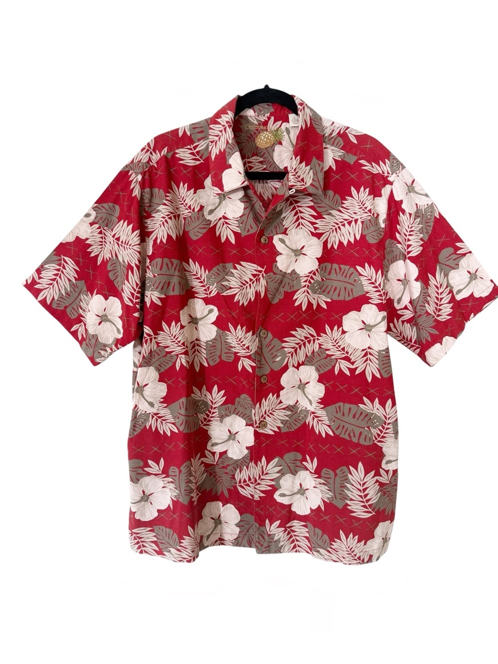 Caribbean Mens‎ Red Silk Cotton Tropical Floral Palm Hawaiian Shirt Size Large